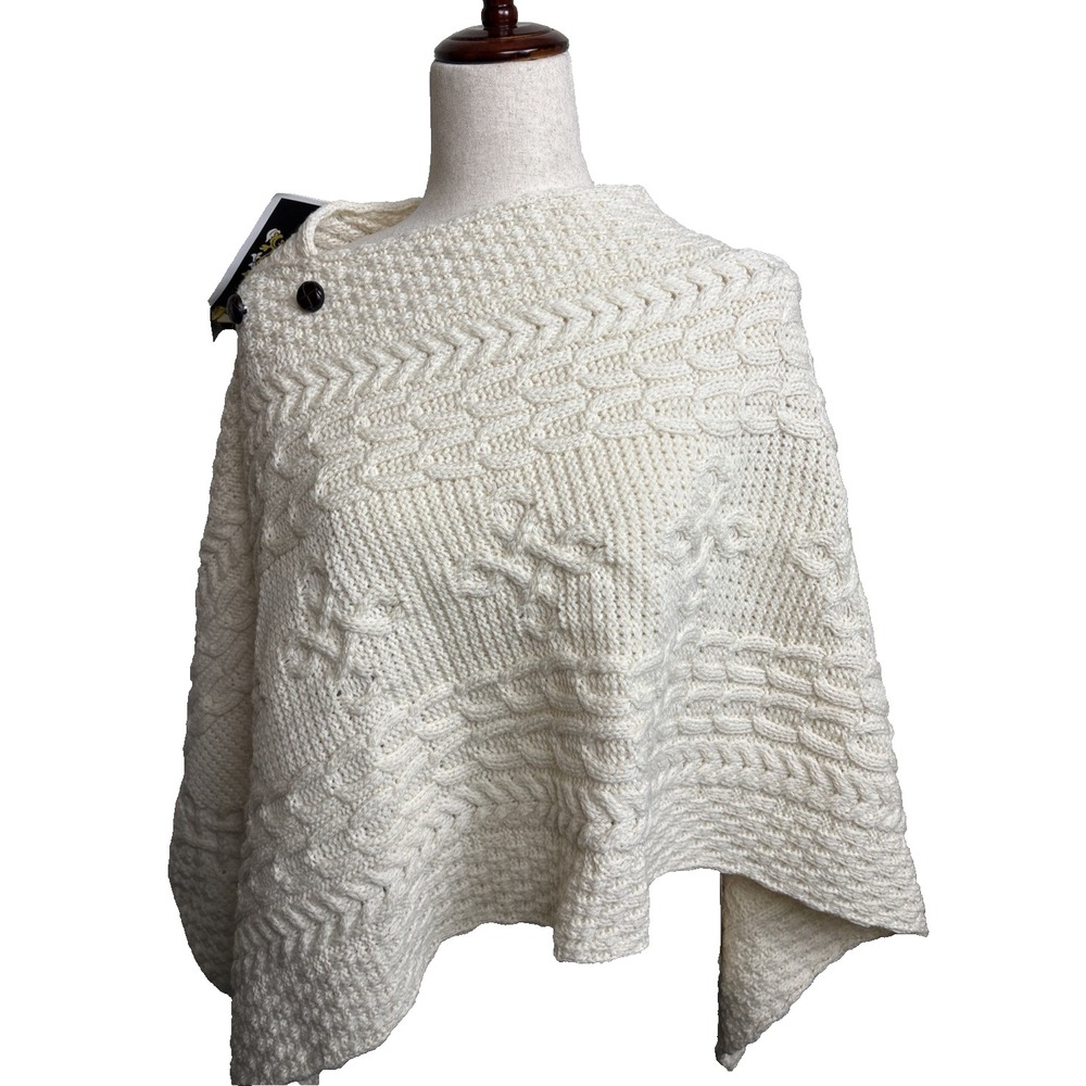Aran Cable Knit 100% Merino Wool Fisherman Poncho Womens One Size Cream Ireland